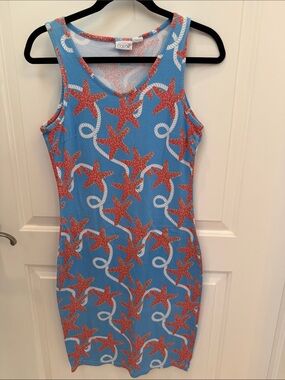 All For Color Blue Tank Dress with Red Starfish Print